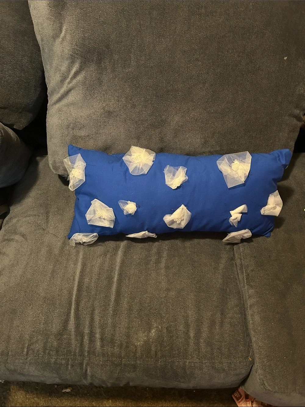 Royal Blue Lumbar Pillow with White Floral Appliqués
